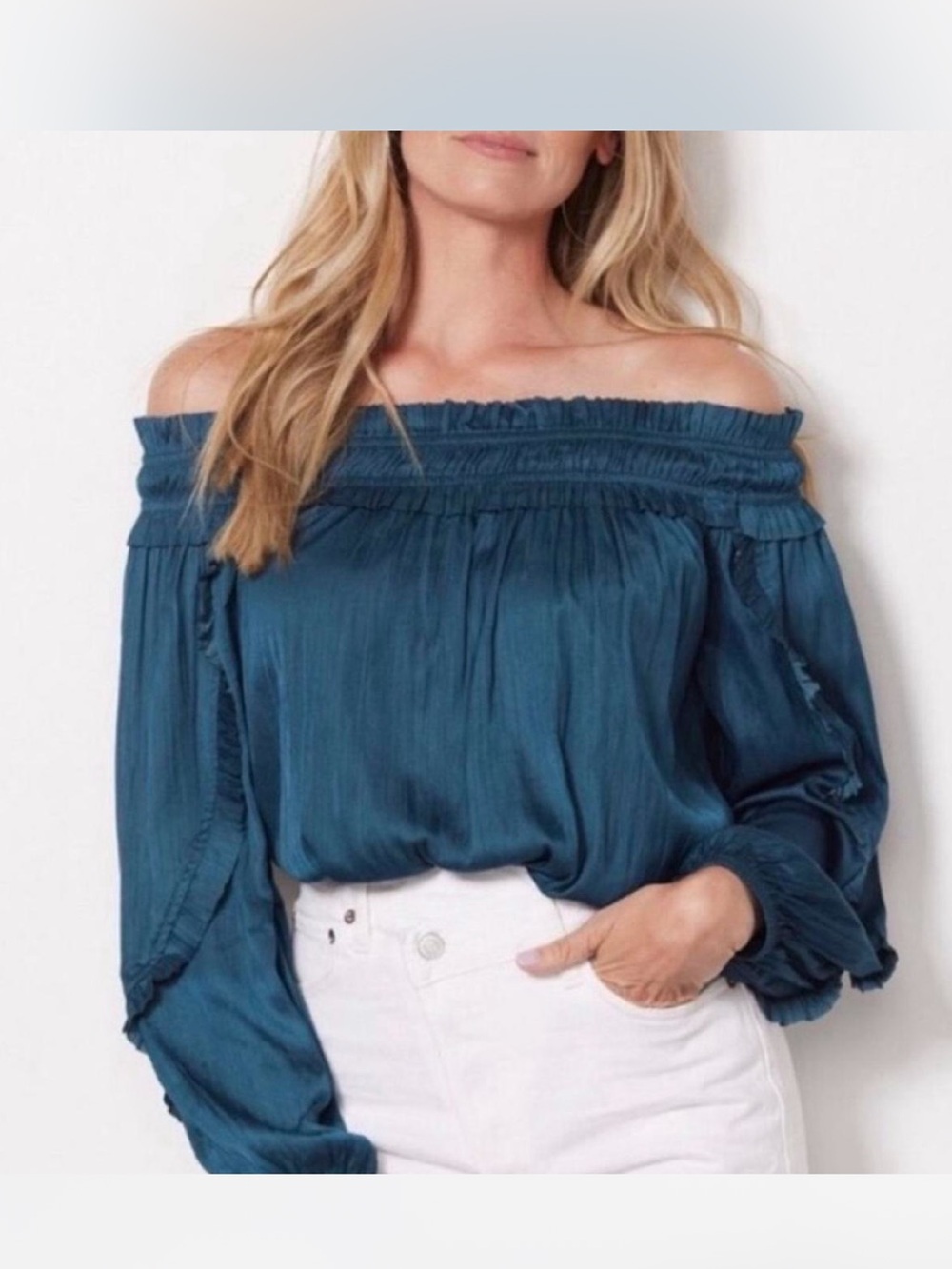 EVEREVE S Off-Shoulder Teal Satin Blouse - Women's Top